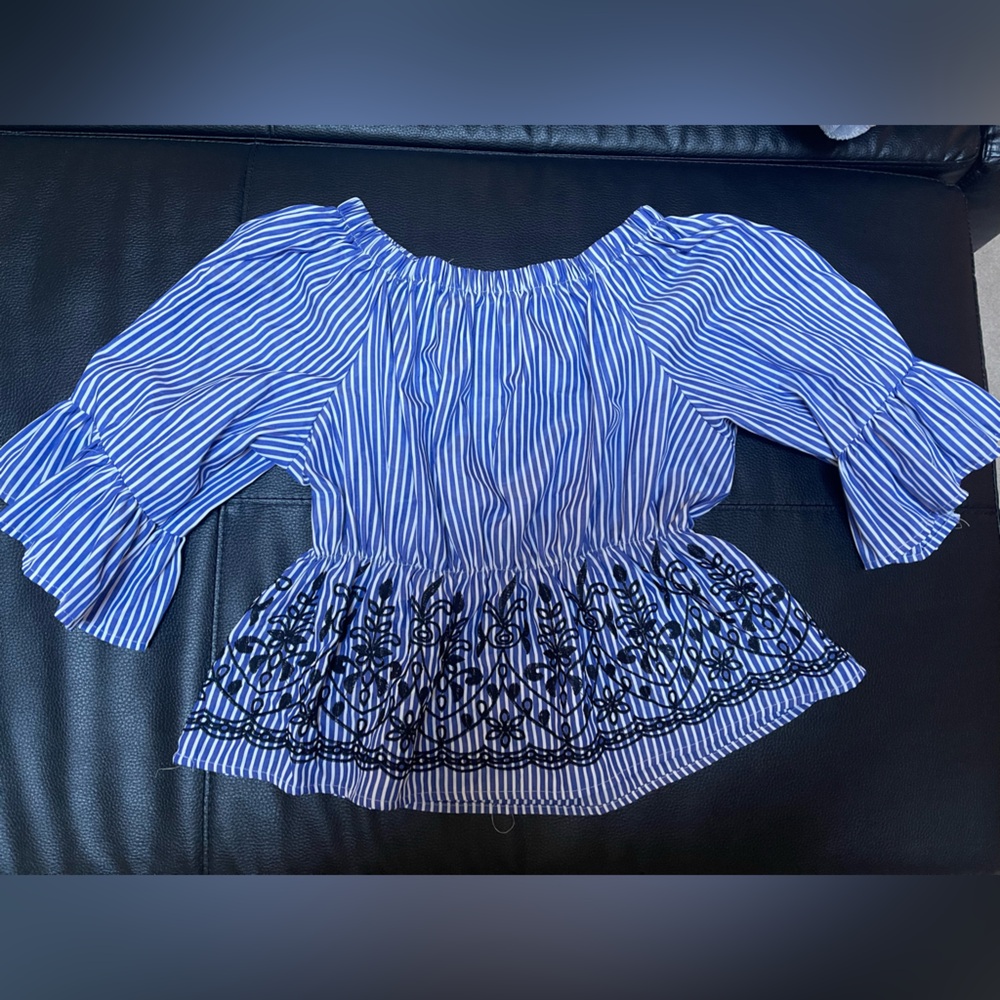 Blue Striped Women's Top with Black Embroidery